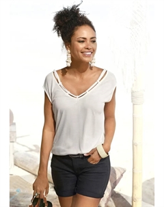 Футболка, с декоративными лентами по вырезу, рубашка с короткими рукавами, летняя, кремовый S.oliver