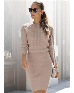 Трикотажное платье с косами, элегантное осенне-зимнее платье, мини-платье, бежевый Lascana