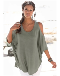 Пляжная рубашка, с декоративной тесьмой на спине, длинная рубашка, рукава 3/4, с открытыми плечами, хаки Lascana