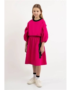 Трикотажное платье с контрастным поясом, фуксия Gulliver