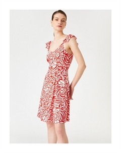 Мини-платье с цветочным принтом и V-образным вырезом с поясом, красный Koton