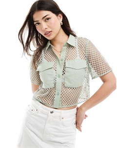 Зеленая укороченная рубашка в сетку DESIGN Asos