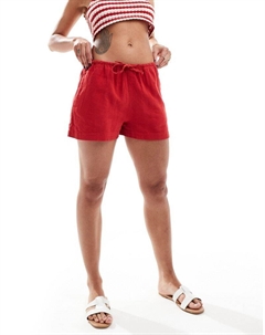 — красные шорты с эффектом льна и кулиской на талии Pull & bear