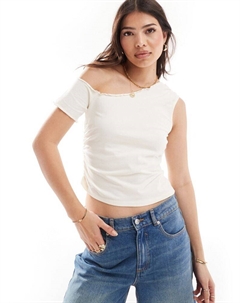 Кремовый топ с открытыми плечами и салатовыми краями DESIGN Asos