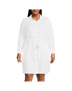 Большие размеры льняное платье-рубашка миди с длинными рукавами и пуговицами спереди, белый Lands' end