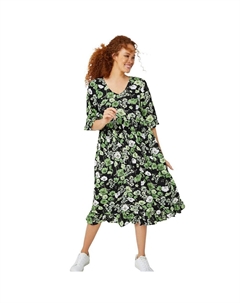 Женское платье больших размеров с v-образным вырезом и рюшами в стиле ампир, цвет Black Green Floral Ellos