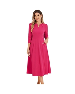 Женское офисное элегантное платье трапециевидной формы с рукавами 3/4 и V-образным вырезом, цвет Hot Pink Allegra k