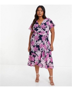 Темно-синее платье миди с запахом и цветочным принтом Curves, военно-морской Quiz