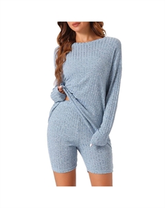 Женские пижамы, комплекты из 2 предметов, вязаная одежда в рубчик, топ с длинными рукавами и узкие байкерские шорты, комплект для отдыха, цвет Light Blue Cheibear