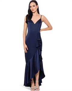 Платье Satin Dress With A Fun Side Ruffle Makes For A Flattering Yet Elegant Dress, темно-синий Xscape