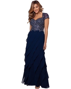 Платье Long Cap Sleeve Tiered Gown with Appliques, цвет Navy/Silver Xscape