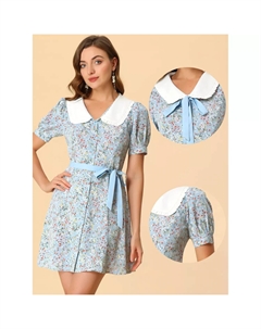 Женское мини-платье-рубашка с короткими рукавами и расклешенным воротником контрастного цвета, розовый Allegra k