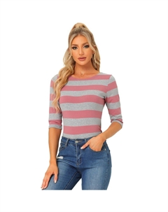 Женские повседневные футболки с рукавами до локтя, облегающие топы с вырезом лодочкой, цвет Pink Gray Allegra k