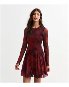 Красное мини-платье с плиссированной юбкой из сетки с абстрактным принтом, красный New look