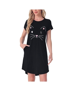 Женские пижамы с короткими рукавами и принтом, ночные рубашки, мягкая одежда для сна, милый кот, черный Cheibear
