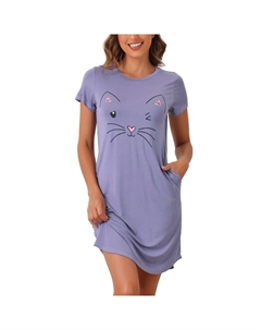 Женские пижамы с короткими рукавами и принтом, ночные рубашки, мягкая одежда для сна, милый кот, цвет Grey Purple Cheibear