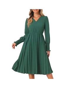 Повседневные платья с V-образным вырезом для женщин. Осеннее струящееся миди-плиссированное платье трапециевидной формы с длинными рукавами., цвет Dark Green Allegra k