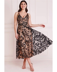 Расклешенная Юбка Миди С Сеткой С Пайетками и V-образным Вырезом - Золотой, черный Goddiva