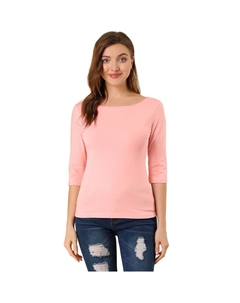 Женская классическая футболка узкого кроя с рукавами до локтя и вырезом лодочкой, розовый Allegra k