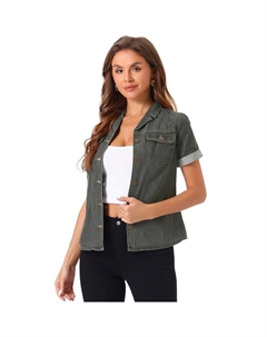 Женская джинсовая куртка с воротником и коротким рукавом, рубашка на пуговицах с нагрудным карманом, серый Allegra k