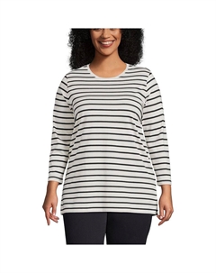 Хлопковая туника свободного кроя с круглым вырезом больших размеров Supima, цвет Ivory Black Stripe Lands' end