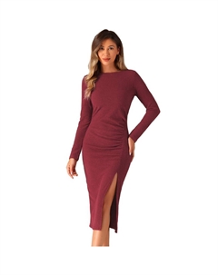 Осеннее платье для женщин, повседневное платье миди с длинным рукавом и круглым вырезом, рюшами и разрезом, цвет Dark Red Allegra k