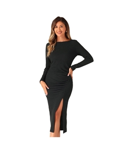 Осеннее платье для женщин, повседневное платье миди с длинным рукавом и круглым вырезом, рюшами и разрезом, черный Allegra k