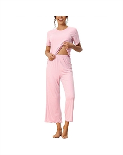 Женский повседневный домашний комплект с круглым вырезом и милыми манжетами с рюшами в полоску и узором в ночное белье, цвет Light Pink Cheibear