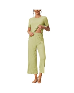 Женский повседневный домашний комплект с круглым вырезом и милыми манжетами с рюшами в полоску и узором в ночное белье, цвет Light Green Cheibear