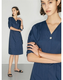 Хлопковое платье-рубашка с v-образным вырезом, темно-синий Mai meng
