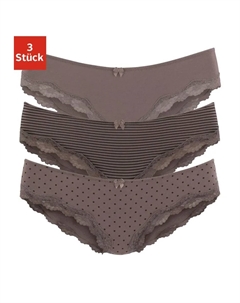 Трусики (3 шт.) из эластичного хлопка с нежным кружевом, коричневый Lascana