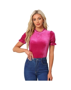 Женская рубашка с рюшами и воротником, бархатная блузка с коротким рукавом, цвет Hot Pink Allegra k