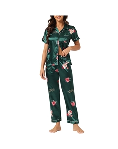Женский пижамный комплект на пуговицах с цветочным принтом из 2 предметов, одежда для сна и сна, зеленый Cheibear