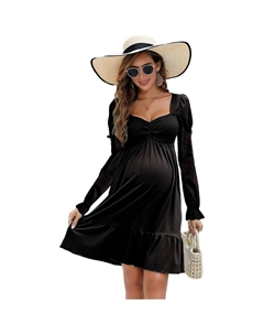 Женские платья для беременных A Line Милая шея с рюшами и струящимся мини-платьем для беременных в стиле бохо, черный Kojooin