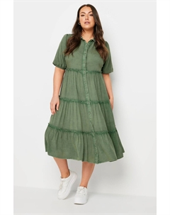 Платье миди из 100% хлопка с короткими рукавами и многослойным узором из шамбре, зеленый Yours curve