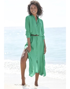 Платье-рубашка из крепированной вискозы, платье макси с разрезом, летнее платье, зеленый Lascana