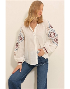 Женская белая рубашка без воротника с объемными рукавами и вышивкой, белый Trend alaçatı stili