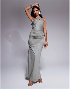 Платье макси из искусственной замши с узлом на шее серого цвета Asos design