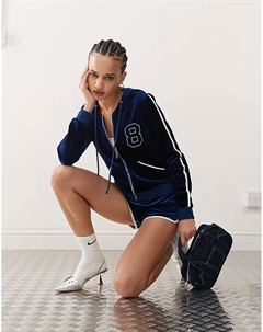 08 Темно-синяя велюровая толстовка с капюшоном на молнии (часть комплекта) Edikted