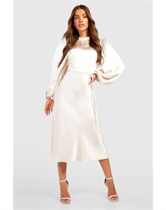 Атласное платье миди с высоким воротником и объемными рукавами, бежевый Boohoo