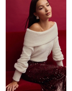 Пушистый джемпер с открытыми плечами и вырезом бардо, белый Next