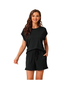 Женские пижамы с рюшами, летние наряды, топы с короткими рукавами и шортами, мягкие комплекты для отдыха, черный Cheibear
