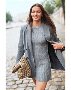 Платье джемпер мини с резинкой и расклешенной юбкой из шерсти, серый Next