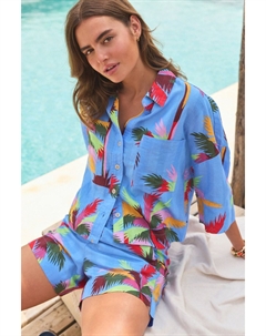 Рубашка сафари из льняной смеси с коротким рукавом, синий Next