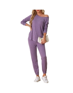 Женский пижамный комплект с длинными рукавами и круглым вырезом, комплект домашней одежды, фиолетовый Cheibear