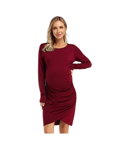 Женские платья для беременных, повседневное облегающее мини-платье с короткими рукавами и рюшами, цвет Wine Red Coolmee