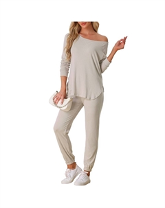 Женский пижамный комплект с длинными рукавами и круглым вырезом, комплект домашней одежды, цвет Khaki Cheibear
