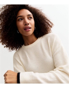 Белый вязаный джемпер с круглым вырезом с контрастной окантовкой, белый New look