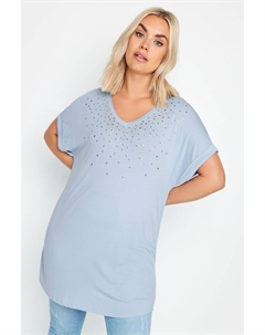 Футболка с V-образным вырезом расшитая пайетками и блестящим принтом, синий Yours