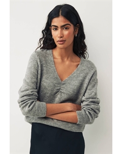 Вязаный свитер с V-образным вырезом и присборкой спереди, серый Jdy